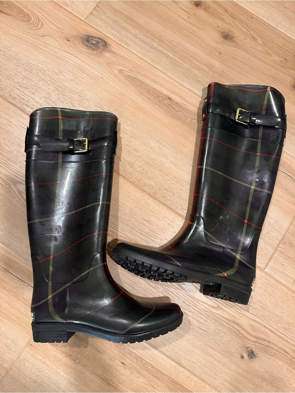 Lauren Ralph Lauren Black Plaid Tall Rain Boots with Buckle